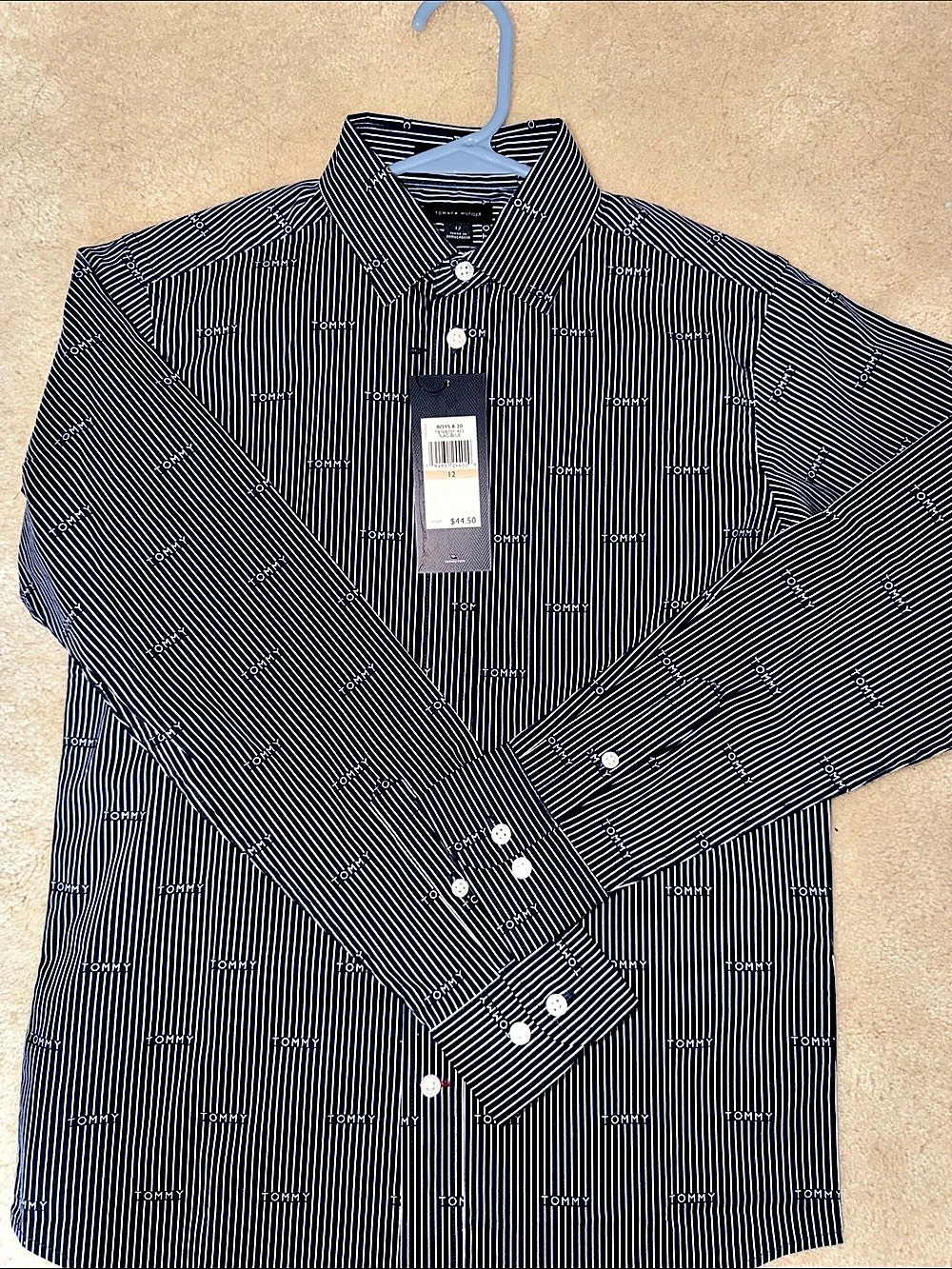 Tommy Hilfiger Boys Script Stripe Button-Down Shirt Blue & White Size 12